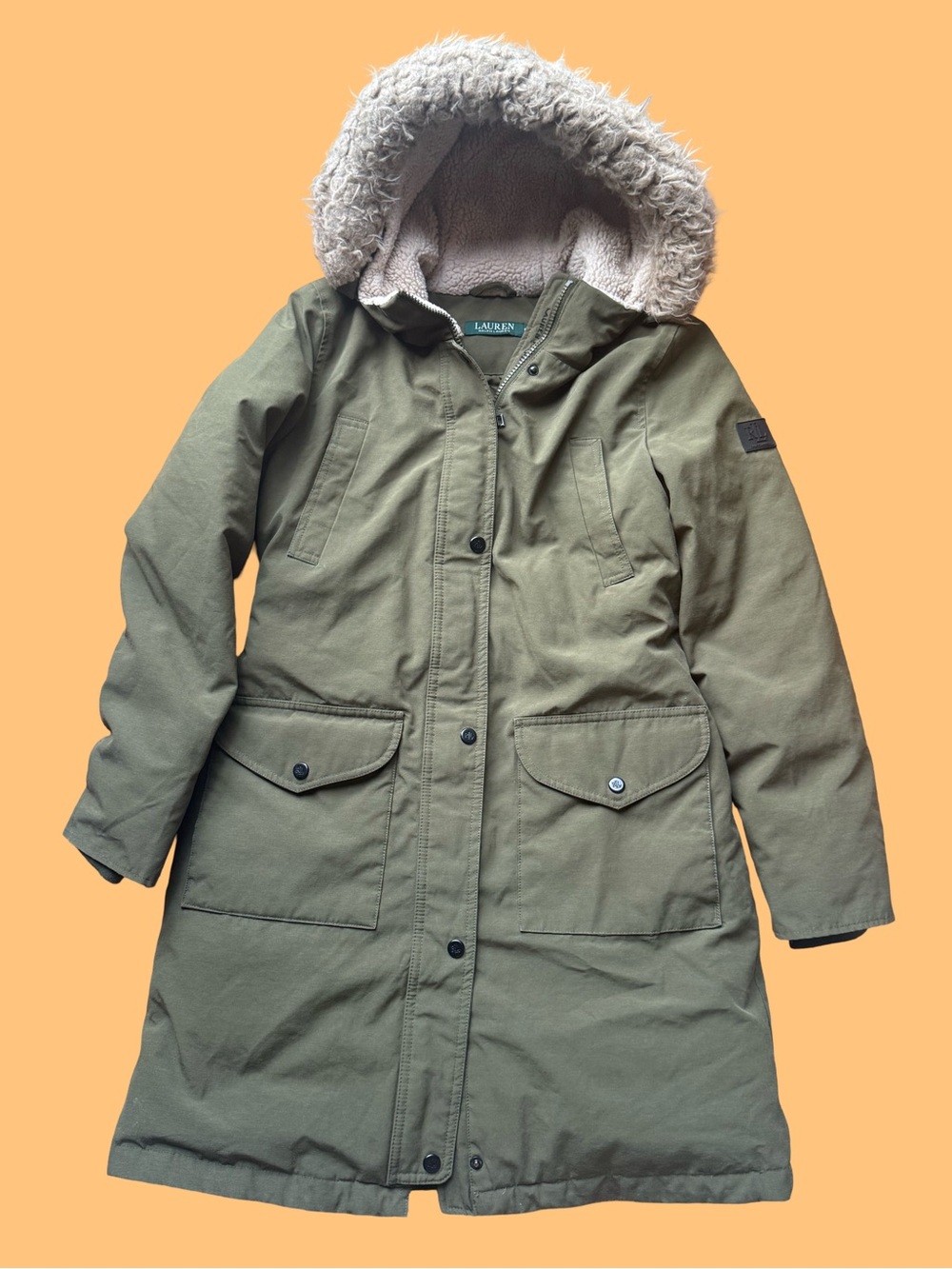 Ralph Lauren womens Green Parka Down Coat w/ removable Sherpa Collar Size Small